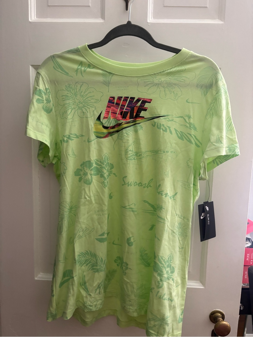 Nike Short-Sleeve Neon Green Tropical Graphic Tee with Multicolor Logo